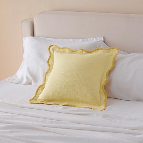 Double Stitch Scalloped Throw Pillow Covers - 100% Cotton Decorative Boho Pillow Covers 20 x 20, Made in India, Square Cushion Case, Modern Home Decor for Couch Sofa Living Room, Lemon Yellow - color: Lemon Yellow, size: 20" x 20" (Pack of 1)