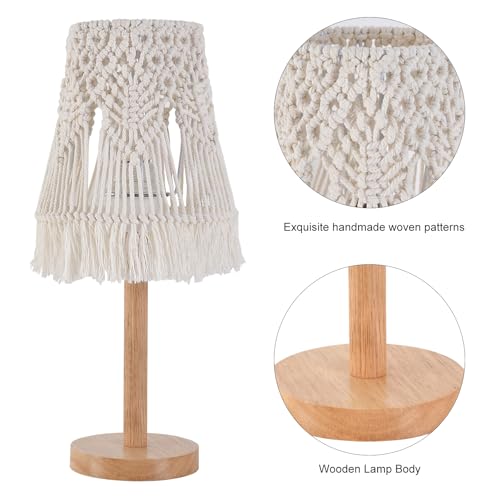 16" Tall Table Lamp Set of 2, Handwoven Macrame Shade & Solid Wood Base, Bohemian Style Bedside Lamp for Living Room, Bedroom, Study Office Decor