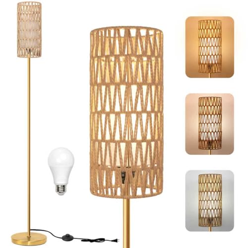 Ruiever Floor Lamp for Living Room,Farmhouse Floor lamp,Modern Standing lamp with Hand-Worked Rattan Shade (Round Rattan Shade Gold Color-3 Color Bulb) - style: Round Rattan Shade Gold Color-3 Color Bulb
