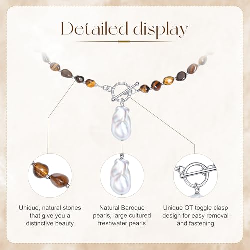 Beaded Necklaces for Women with Baroque Pearl, Turquoise Amethyst Lapis lazuli Tiger Eye Handmade Boho Bead Choker Necklace, Natural Stone Summer Jewelry Birthday Mother Gift for Women - color: Tiger Eye Stone
