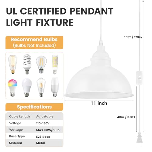 Plug in Pendant Light, 15FT Hanging Lights with Plug in Cord, On/Off Switch, Industrial Pendant Light with Plug in Cord, Metal Hanging Lamps for Living Room, Kitchen, Dining Room-Large White - color: Large white