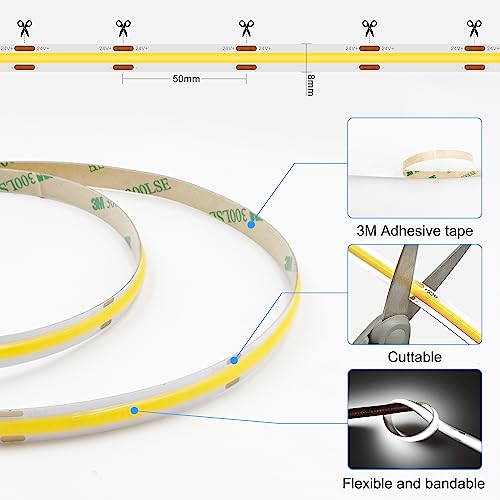 AXMOTUT 32.8ft White COB LED Strip Light, High Bright LED Strips with 320LEDs, RF Remote and UL Power Supply, 6000K Dimmable LED Lights for Bedroom, Kitchen, DIY Home Decoration, 2 Rolls of 16.4ft - color: Daylight White 6000K, size: 32.8FT