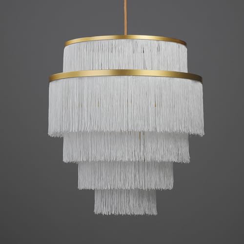 5-Tiered Boho Chandelier with Metal and White Fringe,3 Lights Fringe Pendant Light Fixture,Tassle Chandelier for entryway,Dining Room,Baby Nursery,Gold and White - color: White-Pendant