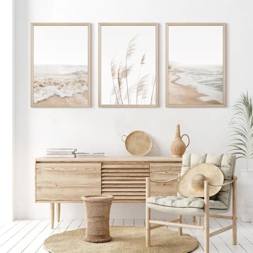 Beach Wall Art Boho Prints Coastal Canvas Wall Art Beach Pictures Pampas Grass Ocean Poster Plant Landscape Beach Scene Artwork for Living Room Bedroom Decor 12x16x3 Inch Wood Framed - color: Beach Art Prints, size: 12x16 Inch Wood Framed