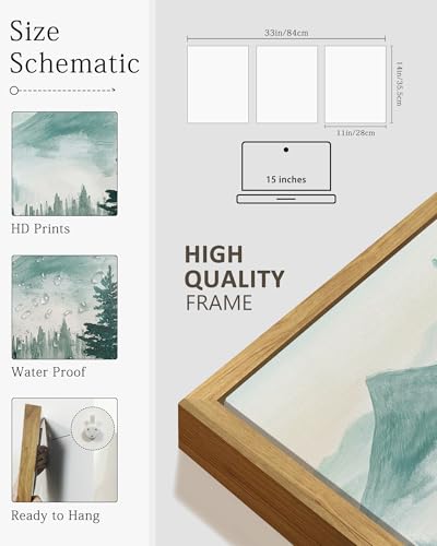 KUVIOKE Fog Pine Tree Mountain Landscape Framed Wall Art Watercolor Nature Misty Forest Painting Vintage Farmhouse Rustic Wall Decor for Bedroom Hallway 11x14in (Natural Framed) - color: Forest and Mouontain, size: 11 x 14in x 3 Panels Natural