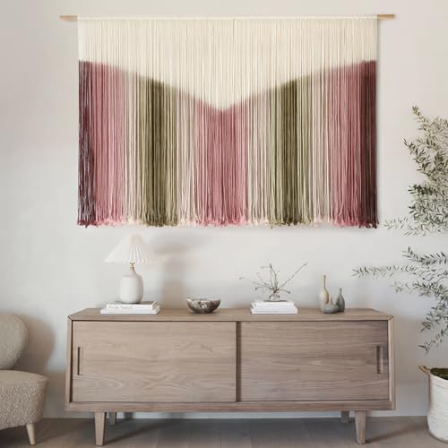 IOWER Large Macrame Wall Hanging Boho Wall Decor Large Scale Tie-Dye Yarn Living Home Room Boho Wall Decor for Bedroom Home Wall Art 57" W x 35" L - color: light pink