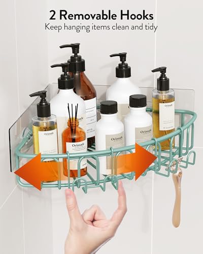 Orimade Corner Shower Caddy with 2 Hooks Wall Mounted Metal Bathroom Shelf Storage Organizer Adhesive No Drilling 2 Pack, Blue Only for 90-Degree Corner - color: Blue