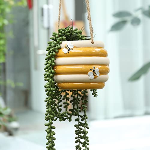 Hanging Ceramic Planter 5 Inch Cute Bee Plant Pots Indoor Outdoor Yellow Planter Flower Pot Succulent Plant Pot Ceramic Mid-Century - color: Yellow