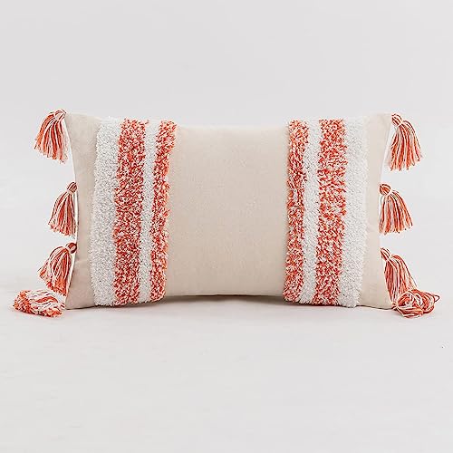 Boho Tufted Throw Pillow with Tassels, Country Thick Striped Style Soft Cushion Cover Decor wuth Zipper for Chair Bed Couch Living Room (Orange,12" x 20") - color: Orange, size: 12" x 20"