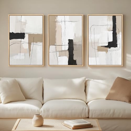 Framed Neutral Abstract Wall Art Set of 3, Modern Black and White Beige Canvas Prints Paintings Artwork for Walls, Minimalist Pictures for Bedroom, Living Room, Dining Room Wall Decor 16x24 In - color: Minimalist, size: 16" W x 24" H x 3pcs