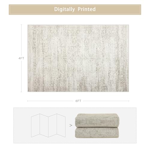 Srugn Washable Rugs 4x6 Area Rugs for Living Room,Bedroom,Kids Room,Nursery- Ultra Soft Faux Wool Small Carpets,Non Slip&Non-Shedding Low Pile Vintage Print Rugs for Enterway,Home Office Decor - color: Beige-ivory-cream-brown-camel, size: 4' x 6' (Rectang
