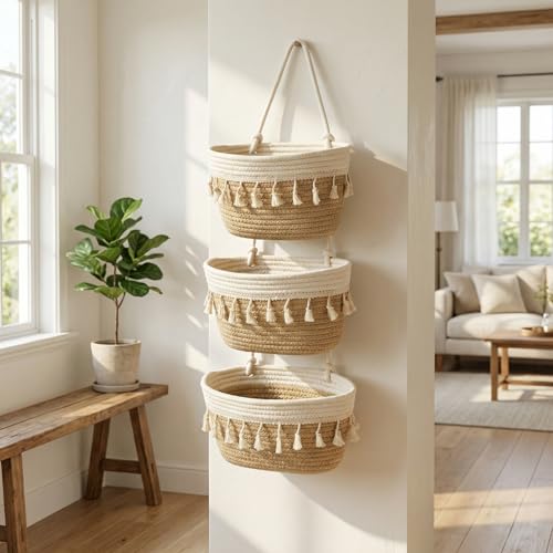 3-Tier Hanging Basket, Over Door Organizer, Wall Basket with Hooks | Woven Cotton Rope Basket, Adjustable Detachable Basket with Hooks, No Drilling for Farmhouse, Boho Home and Nursery Decor - style: Bohemian