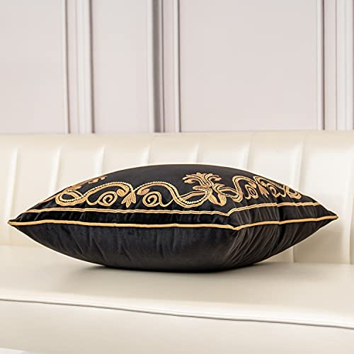 Aeckself European Floral Pillow Cover 16x16 Inch, Luxury Velvet Embroidered Decorative Throw Pillow Cover for Couch Bedroom Living Room, Black and Gold - color: Black Gold, size: 16" x 16" (Pack of 1)