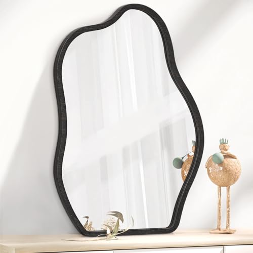 Asymmetrical Irregular Mirror for Wall Wooden Framed Hanging Wall Mirror Cloud Modern Unique Bathroom Wall Mirror Decorative Bedroom Living Room Entryway Hallway Artistic Hanging Mirror - color: Dark Golden, size: 26"L x 18"W