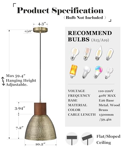 ELYONA 2 Pack Hammered Pendant Light Fixtures, 10.2" Vintage Metal Solid Wood Hanging Bar Lamp, Mid Century Antique Gold Pendant Lights for Kitchen Island, Farmhouse, Dining Room, Brushed Brass - color: Brass - 2 Pack