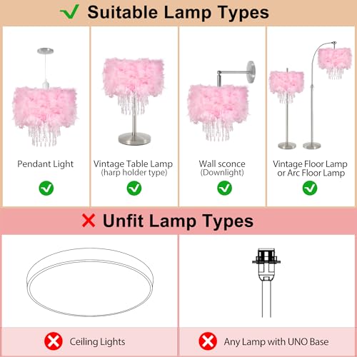 Feather Lamp Shade with Acrylic Beads Droplets, Soft Lampshade for Pendant, Table, Floor & Wall Lighting, Bedroom Wedding Decor, ID 11.8inch, OD 15.7inch, Pink - color: Pink, size: 15.7 inches