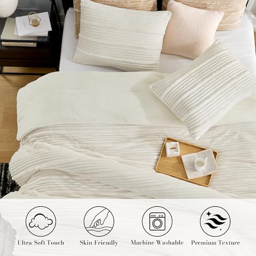 Amélie Home Premium Fleece King Size Comforter Set,Soft Fuzzy Striped Flannel Bedding Set, 3 Pieces, 1 Cozy Comforter with 2 Pillowcases, Ivory, 106"x90" - color: Striped Ivory, size: King (106"x90")