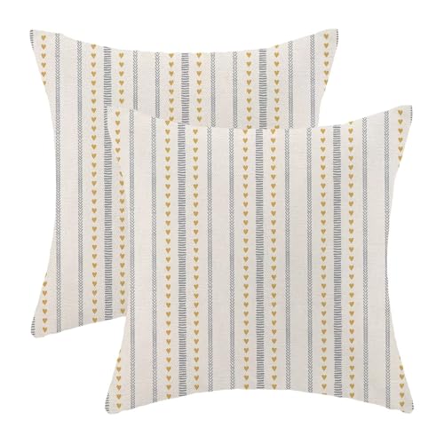 Boho Mid Century Pillow Covers 18x18 Inch Set of 2, Abstract Yellow Love Heart Decorative Throw Pillowcase Boho Stripe Outdoor Farmhouse Cushion Cover for Sofa Couch Bed Living Room Decor - color: Icv 1, size: 18" x 18" (Pack of 2)