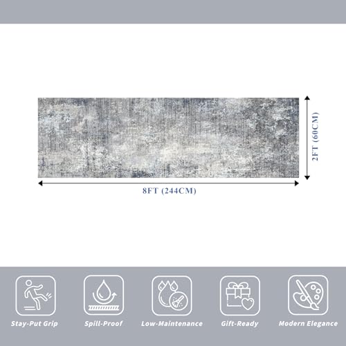 2x8 Washable Non-Slip Hallway Runner Rug – Modern Coastal Abstract Neutral Stain-Resistant Low-Pile Carpet Runner for Kitchen Entryway Bedroom Bathroom (Blue Gray,2x8) - color: Blue Gray, size: 2' x 8' (Rectangular)