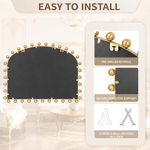 36"x28" Wide Arched Wall Mirror, Antique Gold Ball Frame with Beveled Glass, Large Horizontal Mantel Piece Over Fireplace or Above Sofa, Statement Metal Frame for Living Room - size: 28"L x 36"W