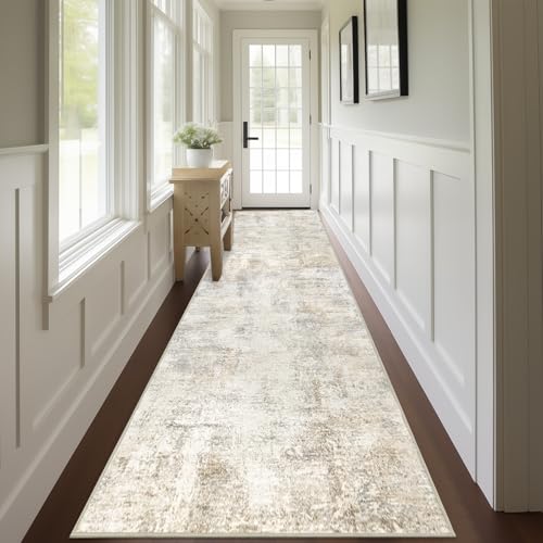 Capslpad 2x12 Beige Abstract Hallway Runner, Ultra Soft Fabric Washable Runner Rug, Non-Slip Rubber Backing, Stain Resistant Low Pile Runners for Hallways, Kitchen, Entryway, Bedroom, Laundry - color: Beige, size: 2' x 12' (Runner)