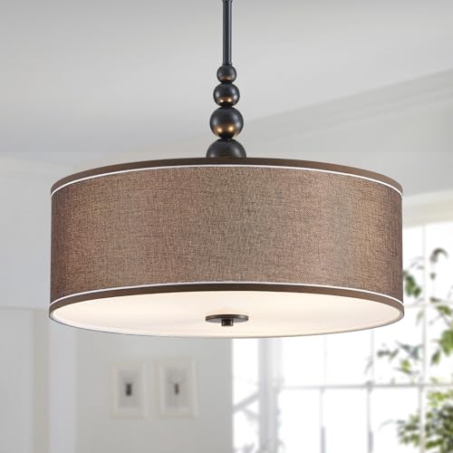 Shrine Lighting Drum Chandeliers, Farmhouse Style, Perfect Drum Pendant Light for Dining Room, D21'' x H8'', Adjustable Chains 59'', E26*3 Sockets, Brown Linen Fabric Lampshade & Black Rod - color: Brown&Black D20''