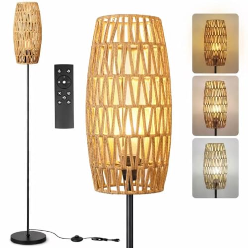 Ruiever Floor Lamp for Living Room,Farmhouse Floor lamp,Modern Standing lamp with Hand-Worked Rattan Shade (Drum Shade-with Remote) - style: Drum Shade-with Remote
