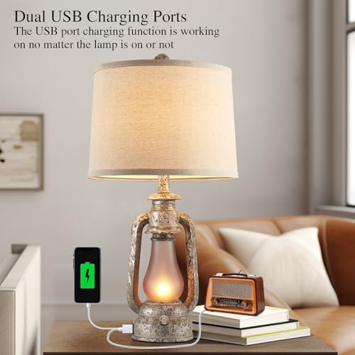 Farmhouse Rustic Table Lamps Set of 2, Iron Gray | Vintage Lantern Design, Dual USB Ports, 25 Inch Tall, 4 Bulbs Included - color: Iron Gray - 25'' Lantern Lamps