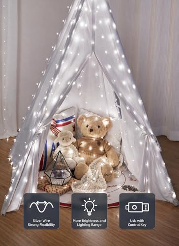 Brightown 300 LED Fairy Curtain Lights, 9.8ft x 9.8ft String Lights, USB Plug in 8 Lighting Modes Christmas String Hanging Lights with Remote for Bedroom Indoor Outdoor Party Xmas White 1 Pack - color: White, size: 1 Pack-300 LED-USB Plug