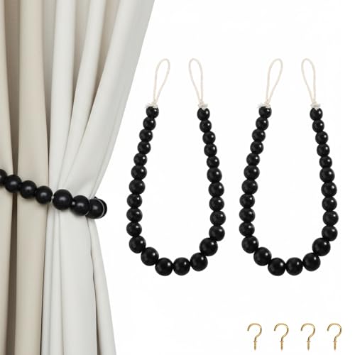 Hion 2 Pcs Boho Curtain Tiebacks,Wood Beads Curtain Holdbacks,Outdoor Farmhouse Tie Backs for Curtains,Curtain Holders for Drapes Home Office Room Decor with Hooks(Black) - color: Black, size: 2 Pack