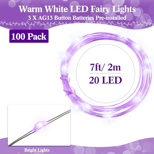 Hortsun 100 Packs Fairy Lights Battery Operated 3 Speed Modes, 7 Ft/ 2 M 20 LED Battery String Mini Waterproof Wire Twinkle Lights Bulk for Wedding Party Birthday Vases Decor (Purple Light) - color: Purple Light