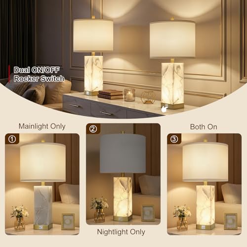 Scenekoy 23" Alabaster Table Lamps Set of 2 for Living Room Bedroom, Bedside Lamps with USB A+C Ports, Modern Table Lamp with Linen Shade for Living Room Bedroom Nightstand (Bulbs Included) - color: White-2