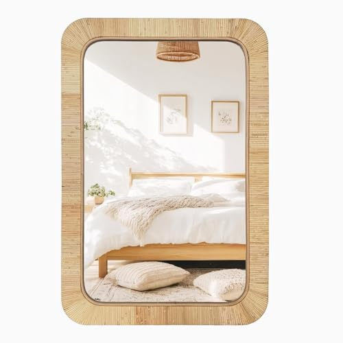 Rattan Rectangular Mirror 24x36, Boho Decorative Wall Mirror for Bathroom, Farmhouse Vanity Mirror for Nursery, Bedroom, Living Room Decor, Nursery & Children's Room - color: Rectangular, size: 36"L x 24"W