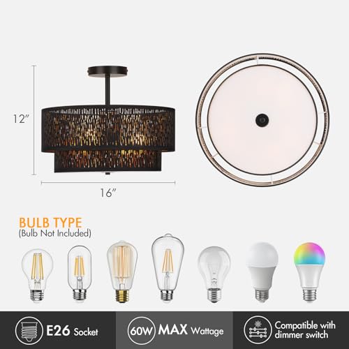 Modern Black Linen Drum Semi Flush Mount Ceiling Light with Pierced Design, Perfect Lighting Fixture for Bedroom, Dining Room, Kitchen, Living Room, or Hallway Chandelier Lamp - color: Black