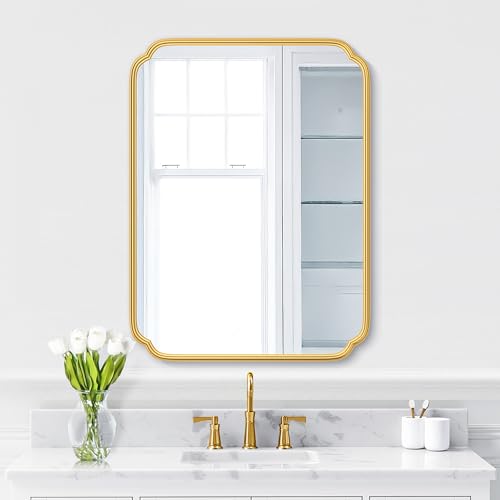 Ferytange 28"x36" Gold Bathroom Mirror with Rustproof Metal Frame, Modern Rounded Corner Wall Mirror for Vanity Over Sink, Horizontal/Vertical Hanging - color: Gold, size: 36"L x 28"W