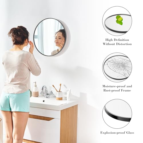 NEWBULIG 20IN Round Bathroom Wall Mirror, Modern Vanity Mirrors for Over Sink, HD Glass Decorative for Entryway, Bedroom & Living Room, Anti-Rust, Tempered Glass, Hanging or Leaning, Black - color: Black, size: 20.2"L x 20.2"W