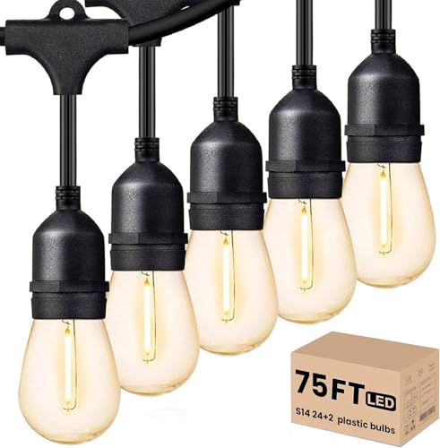 Svater Outdoor Led String Lights 75 FT, Patio Lights for Outside with 26pcs S14 Shatterproof Bulbs, IP65 Waterproof Commercial Grade Market Light, 1 Watt E26 Dimmable 2700K Warm White - size: 75FT