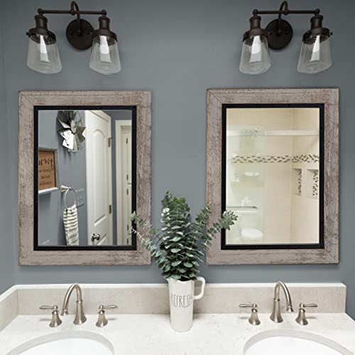 YOSHOOT Rustic Wooden Framed Wall Mirror, Natural Wood and Iron Bathroom Vanity Mirror for Farmhouse Decor, Vertical or Horizontal Hanging, 60" x 30", Grey - color: White Grey, size: 60"L x 30"W