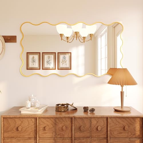 Kelly Miller 28x50 Inch Gold Scalloped Mirror, Large Rectangular Wavy Edge Bathroom Vanity Wall Mirror Decorative for Bedroom Living Room Entryway Fireplace Mantle - size: 50"L x 28"W