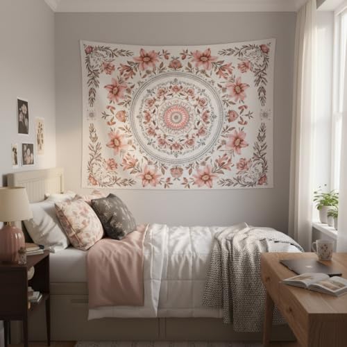 Motanber Pink Floral Tapestry Wall Hanging Boho Mandala Medallion Tapestry Aesthetic Watercolor Flower Cute Small Tapestries for Bedroom Living Room Dorm Decor 48 x 36 Inch - color: Light Pink, size: 48"L x 36"W
