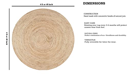 FRELISH DECOR Handwoven Jute Area Rug - 4 feet Round - Natural Yarn - Rustic Vintage Beige Braided Reversible Rug - Eco Friendly Rugs for Bedroom - Kitchen - Living Room - Farmhouse (4' Round) - color: Natural, size: 4' (Round)