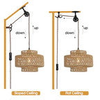 Rattan Plug in Pendant Light Boho Hanging Lights with Plug in Cord,Farmhouse Pulley Pendant Light with On Off Switch for Bedroom Living Room.