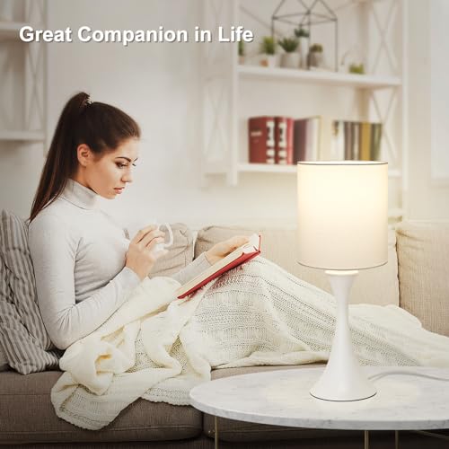 Modern Table Lamps, 3 Way Touch Control Table Lamp, Dimmable Desk Lamp, White Nightstand Lamp with Fabric Shade, Small Bedside Lamp for Living Room, Dorm,Home Office, LED Bulb Included - color: White Base with White Shade