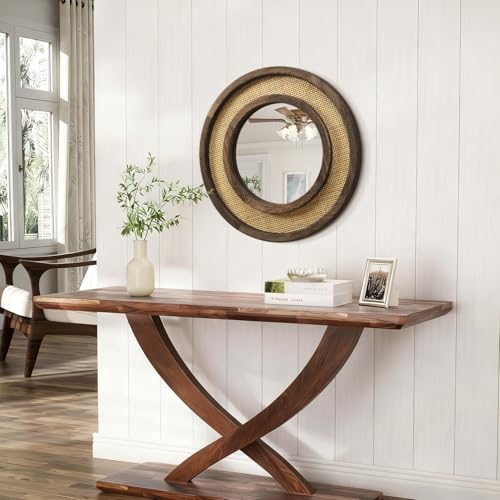 JJUUYOU Circle Wall Mirror with Retro Wood Frame Round Rattan Mirrors Decorative for Bedroom Living Room Bathroom Entryway Hallway Hanging 16 Inch - color: Round Mirror-dark Brown, size: 16"L x 16"W