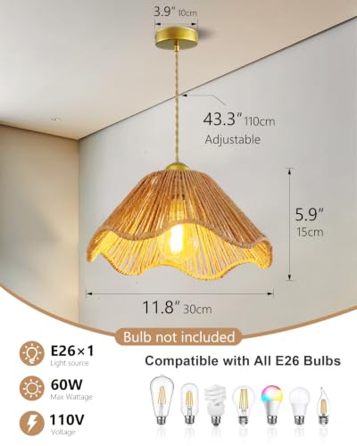 Mini Rattan Pendant Lights, 11.8″ Kitchen Island Pendant Lights with Flower Shade, Boho Handwoven Rope Woven Chandelier for Living Room Dining Room Bedroom Wicker Adjustable Height Hanging Lamp - color: 11.81″-Flower-shape