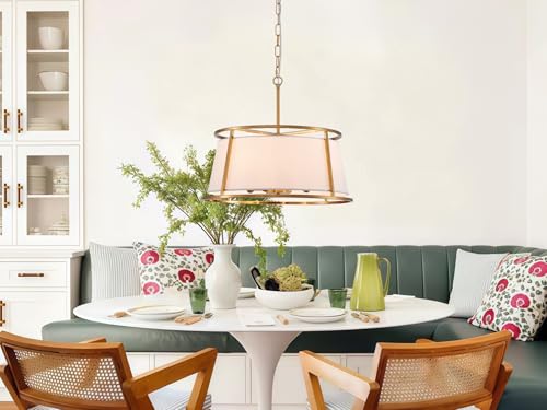Shrine Lighting Drum Chandeliers, Modern Style, Perfect Pendant Light Fixture for Dining Room, Living Room, D20'' x H9'', Adjustable Chains 59'', E12*4 Sockets, White Lampshade & Brass Finish Frame - color: Brass D19.7''