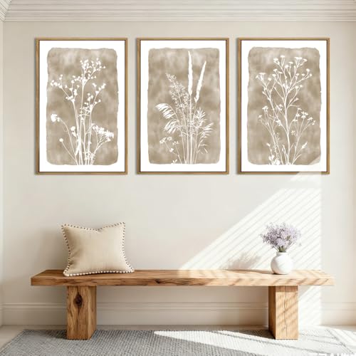 ANHUIB Beige Neutral Floral Canvas Wall Art 16x24 Inch Framed Brown Botanital Wall Decor Large Rustic Farmhouse Wildflower Artwork Boho Vintage Plant Art Prints Set of 3 for Living Room Bedroom Office - color: Beige Floral, size: 24"L x 16"W