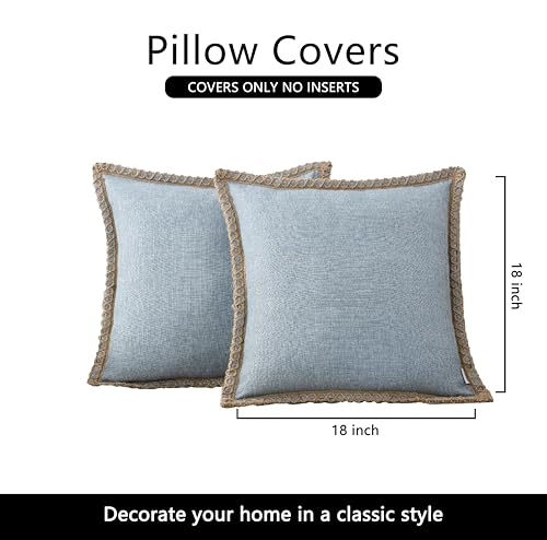 NordECO HOME Set of 2 Farmhouse Throw Pillow Covers - Burlap Linen Trimmed Tailored Edges Decorative Cushion Covers for Bed Home Decoration, 18 x 18, Blue - color: Light Blue, size: 18" x 18" (Pack of 2)