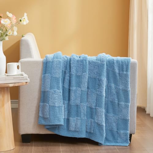 Snuggle Sac Faux Fur Checkered Blanket Twin Size with Soft Knitted Microfiber Fabric,Cozy Soft Warm Blanket for Sofa Bedroom Living Room,Solid Blue,60x80 inches - color: Solid Blue, size: Twin(60"x80")