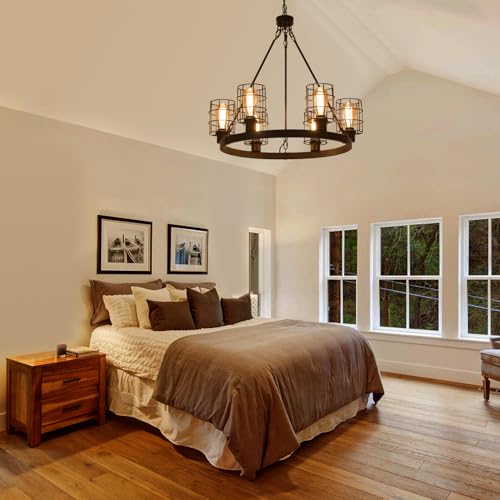 Wagon Wheel Chandelier Modern Farmhouse Pendant Light,Black Farmhouse Chandelier, 6-Light Wagon Wheel Chandelier with Adjustable Height, Dining Room Light Fixture, Hanging Lights - color: D